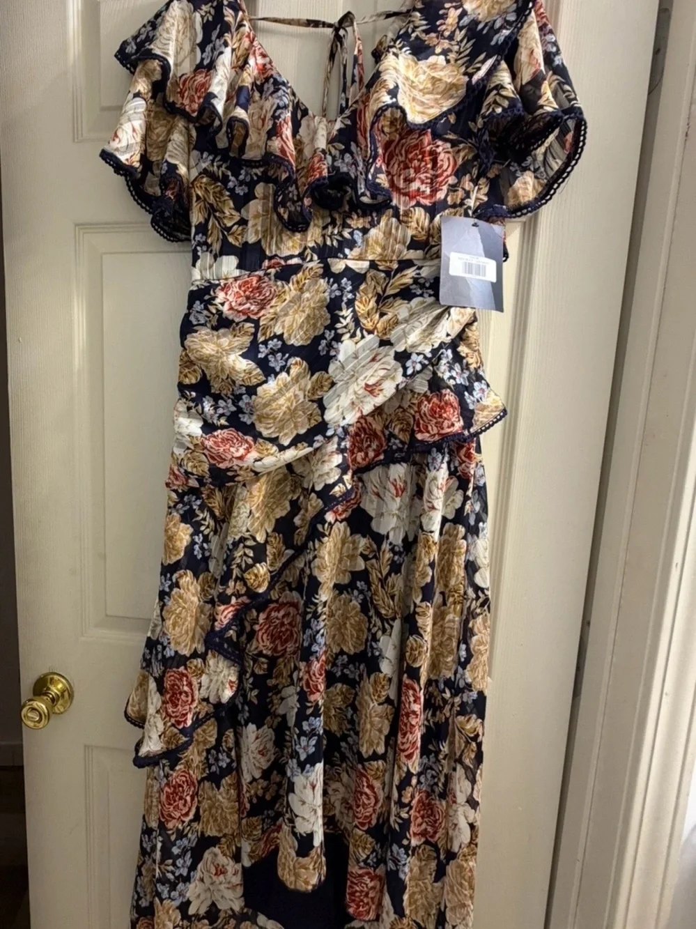 Floral Ruffle Midi Dress - Navy with Cream & Rose Accents